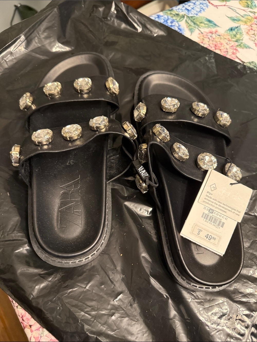 Zara Black Jeweled Double-Strap Slide Sandals